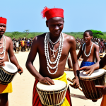 ** A vibrant scene at a music festival in Inhambane, Mozambique. Focus on a group of Chopi musicians playing timbila instruments. Capture the energy and rhythm of the music, showcasing the cultural importance of timbila.

**