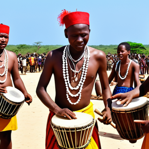 Home 15 ** A vibrant scene at a music festival in Inhambane, Mozambique. Focus on a group of Chopi musicians playing timbila instruments. Capture the energy and rhythm of the music, showcasing the cultural importance of timbila.
**