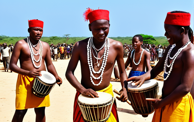 ** A vibrant scene at a music festival in Inhambane, Mozambique. Focus on a group of Chopi musicians playing timbila instruments. Capture the energy and rhythm of the music, showcasing the cultural importance of timbila.
**