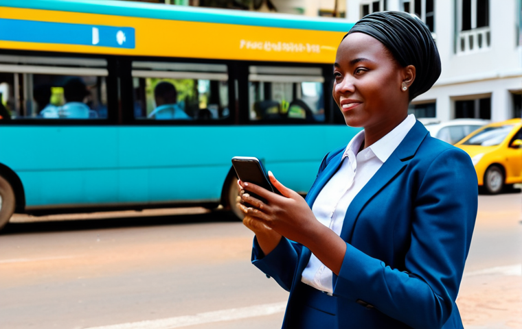 A professional woman in a modest business casual suit, standing confidently on a vibrant, bustling street in Maputo, Mozambique. She holds a smartphone, looking at the screen as if confirming a ride-hailing service or mobile money transaction. The street features modern buildings alongside hints of local architecture and activity. Bright daylight illuminates the scene. Professional photography, high detail, realistic, vivid colors. safe for work, appropriate content, fully clothed, professional dress, perfect anatomy, correct proportions, natural pose, well-formed hands, proper finger count, natural body proportions, family-friendly.